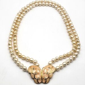 VTG KJL for Avon Butterly Necklace | Double Stranded Faux Pearls | SIGNED